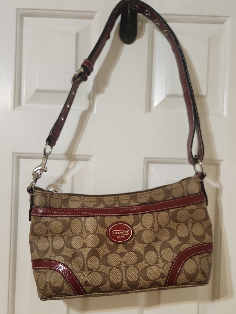 Coach Signature Shoulder Bag in Tan with Brown Trim and Burgundy Accents